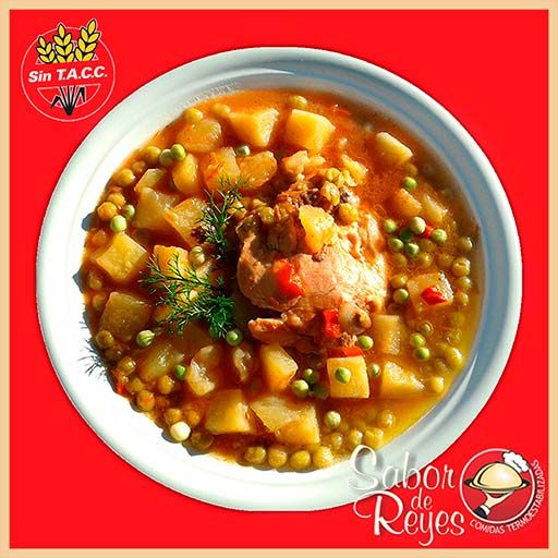 Pollo con papas, arvejas y salsa italiana - Libre de Gluten